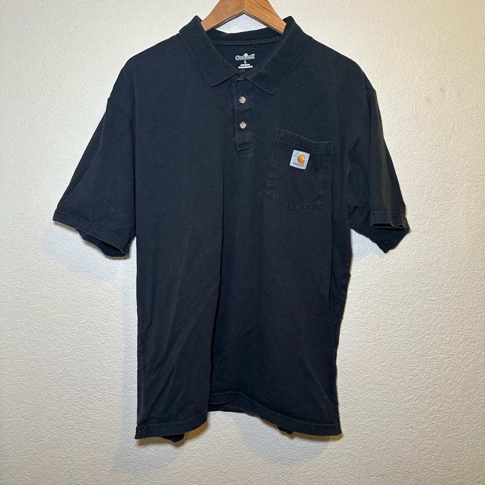 Carhartt Mens L Polo Black Front Pocket Collar‎ 100% Cotton Workwear Y2K Baggy
